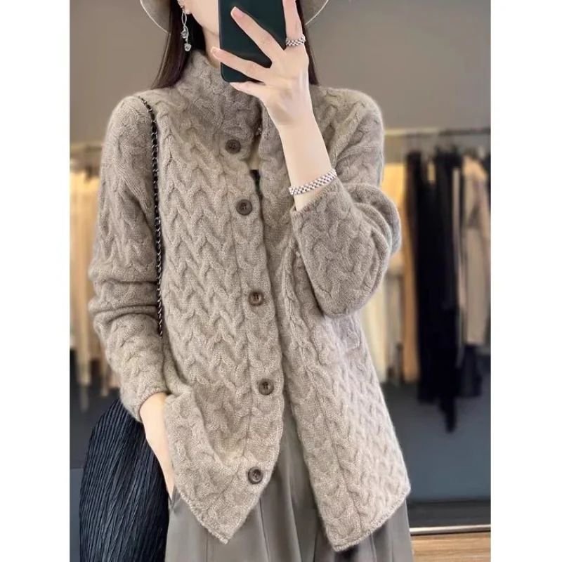 Women's Thickened Streak-up Stand-collar Top Loose Solid Color Long-sleeved Knitted Sweater Jacket