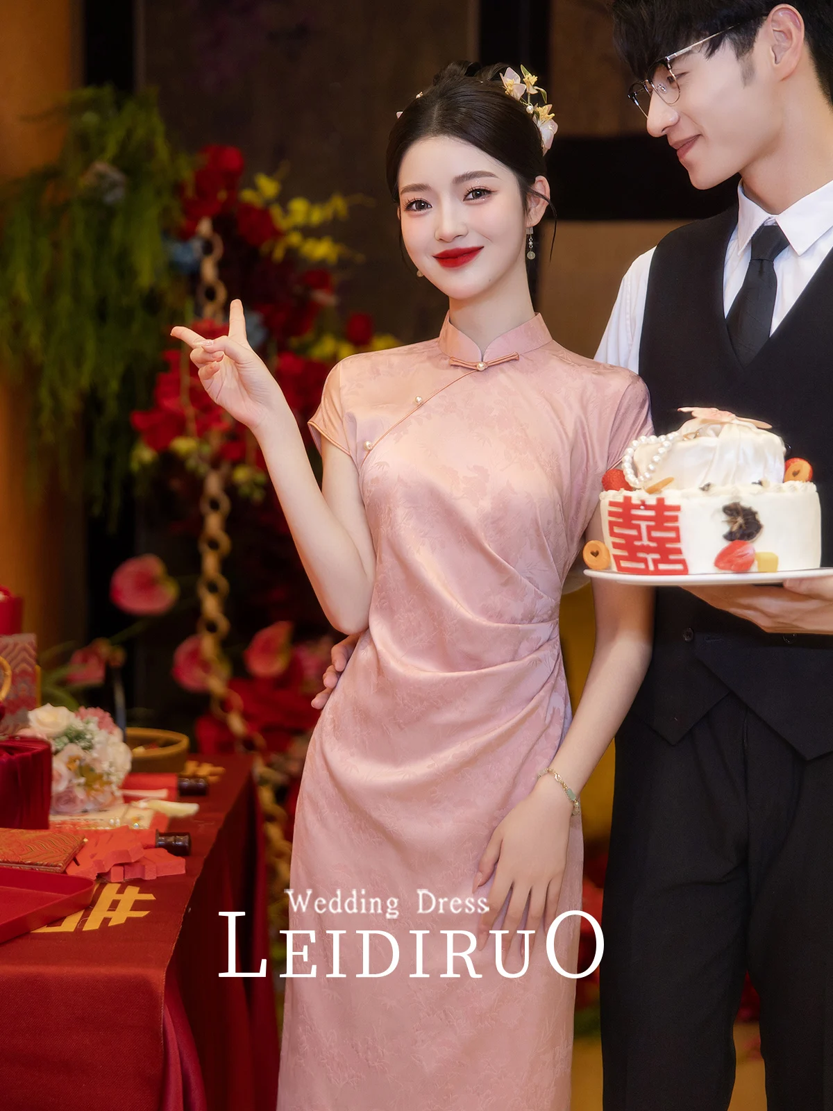 

Ele Pink Wedding Qipao Dr Summer Wedding Dr for Bride Low Slit ort Sve Comfortable Breathable Daily Wear