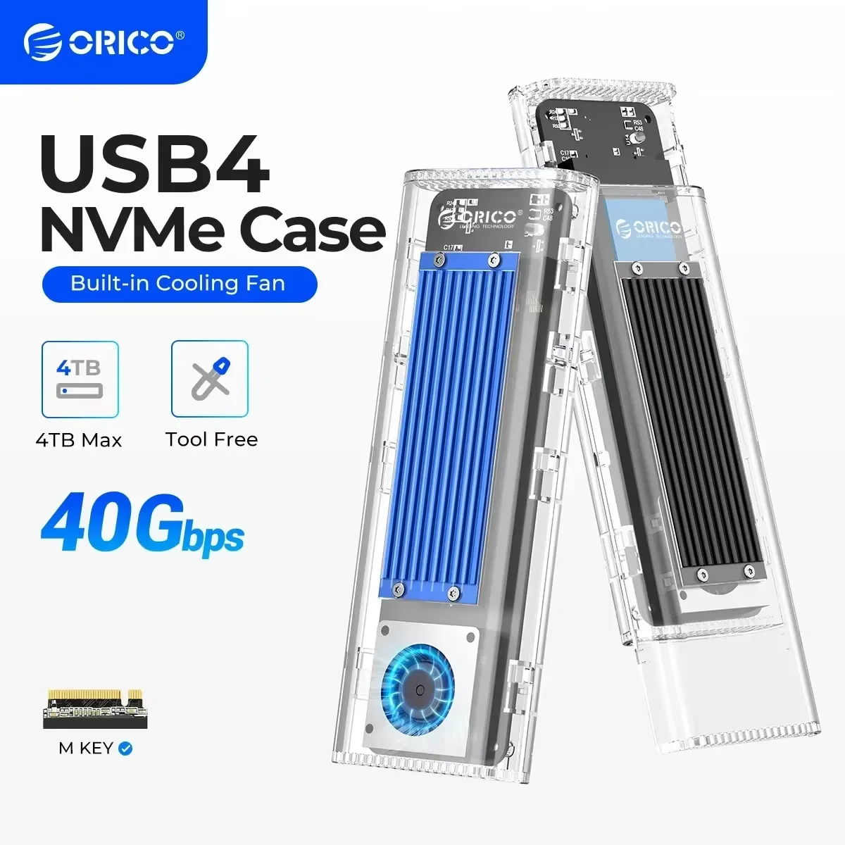 ORICO 40Gbps M.2 NVMe SSD Enclosure with Built-in Cooling Fan, Tool-Free External Hard Drive Enclosure for Thunderbolt 3/4 USB4
