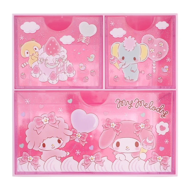 Sanrio Desktop Organizer with Three Drawers, Diversos Organização, Figuras de Anime, Brinquedos para Crianças, Presente, Kuromi, Mymelody, Kuromi