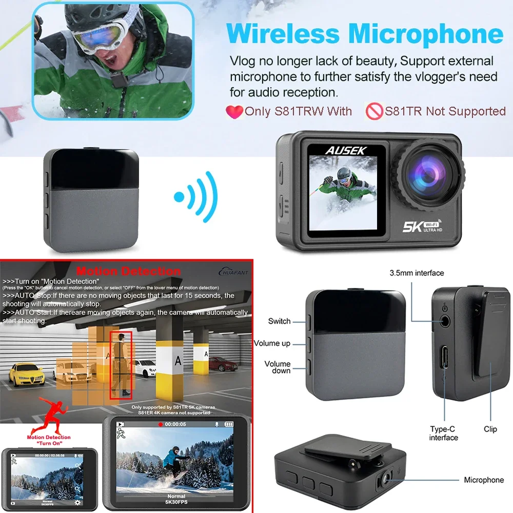 Actiecamera S81TRW 5K30FPS 4K60FPS 48MP DVR EIS 2 "IPS Dual Screen Optioneel 6 Filter Draadloze Microfoon WiFi Sportcamera