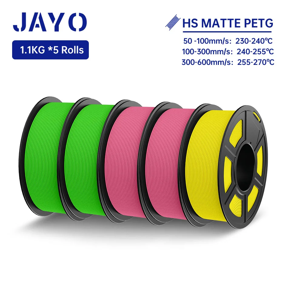 JAYO PETG 3D-filament 1,75 mm hoge snelheid PETG 3D-printerfilament 5 rollen High Flow snel mat effect 3D-printmaterialen