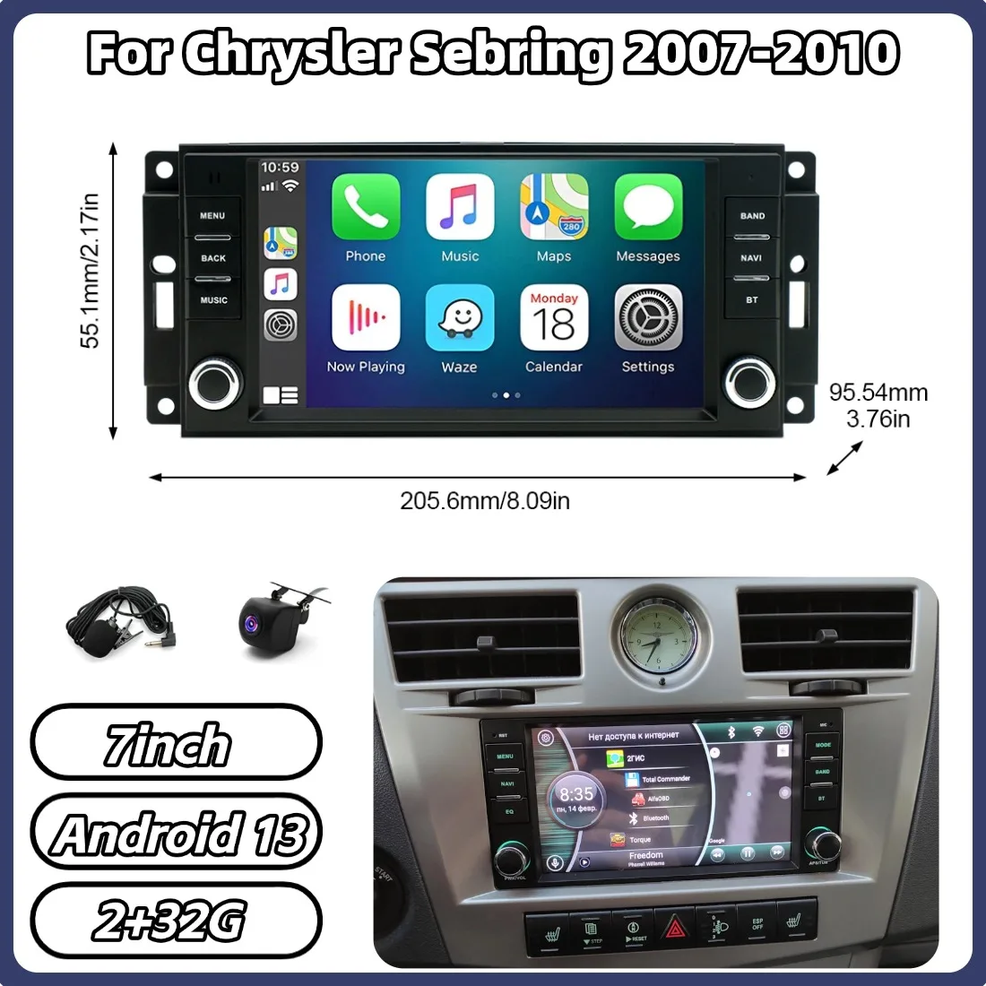 

7-дюймовая автомагнитола с Android 13, 2+32 ГБ памяти, для Dodge, Jeep, Chrysler Sebring 2007-2010, с поддержкой Carplay, Android Auto, GPS, Wi-Fi