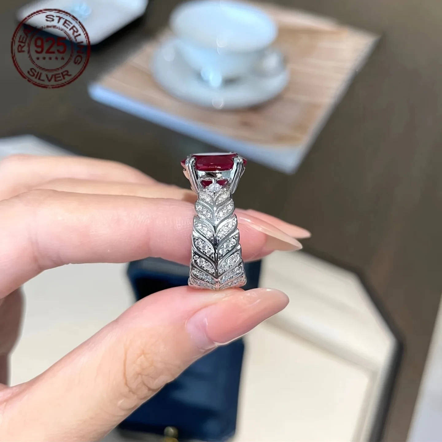 فاخر البيضاوي قطع 9.52CT مختبر روبي مع زركون 925 فضة خواتم للنساء خمر خاتم الزواج غرامة مجوهرات #6