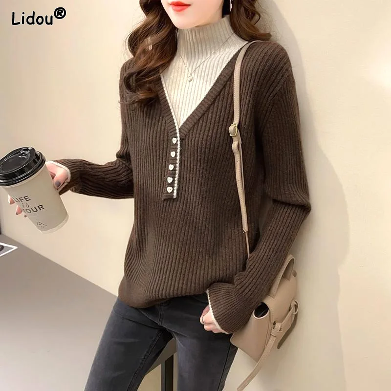 Button Screw Thread Half High Collar Solid Autumn Winter Thin Patchwork Straight Bottoming T-Shirts Women's Clothing Pullovers