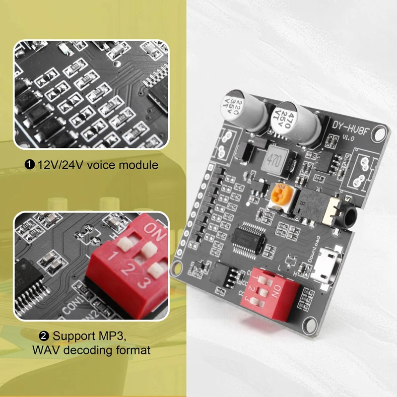 Módulo de reprodução de voz 12V/24V Reprodução de controle de porta serial 10W/20W Módulo de voz HV8F