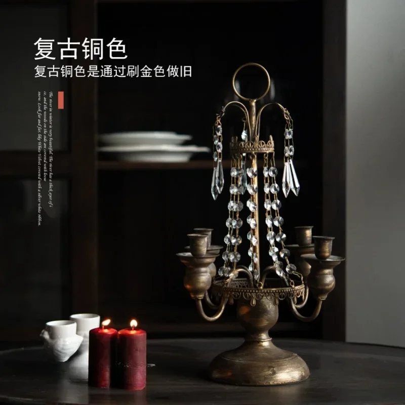 European retro old candle holder, home decoration metal four-headed crystal candle holder