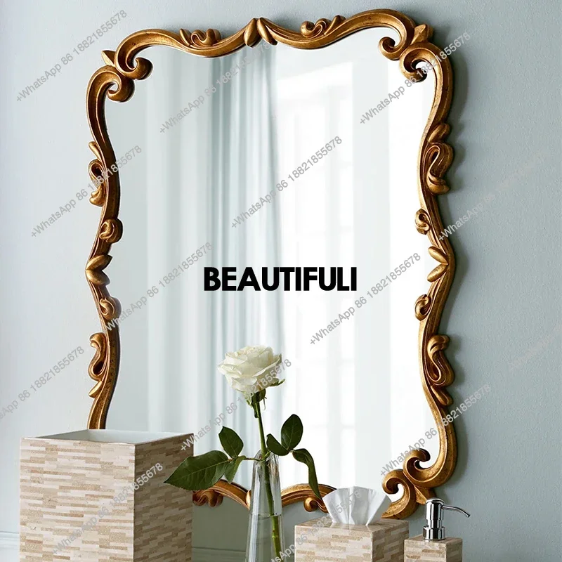 French simple and old retro gold makeup mirror porch decorative mirror bedroom square vanity mirror carved bathroom