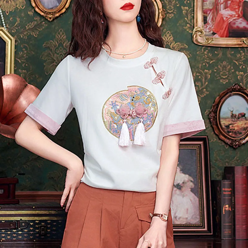

Chinese Style New Summer O-Neck Women T Shirt Short Sleeve Embroidery Tassel T-Shirt Women Tops Tshirt Camiseta T Shirts Q4073