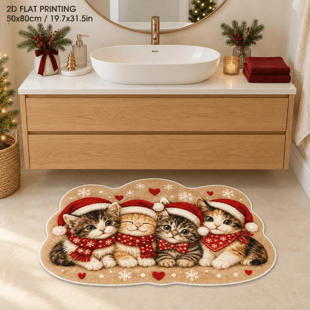 Four Xmas Kittens Beige Area Rug Polka Dot Ribbon Pattern Festive Vanity Vanity Dressing Table Carpet Warm Boho Decor Mat