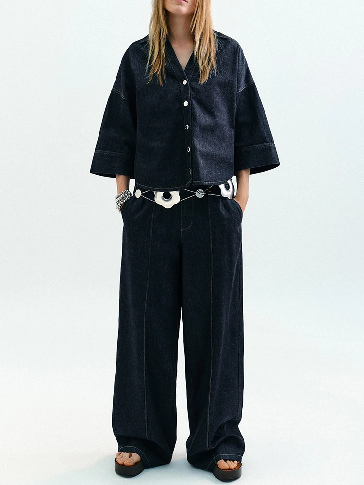 Faionable Wide Sve Umlegekragen Denim irt Damen Herbst Neuankömmling Süßes Temperament Pendeln Sle Loose Fit irt