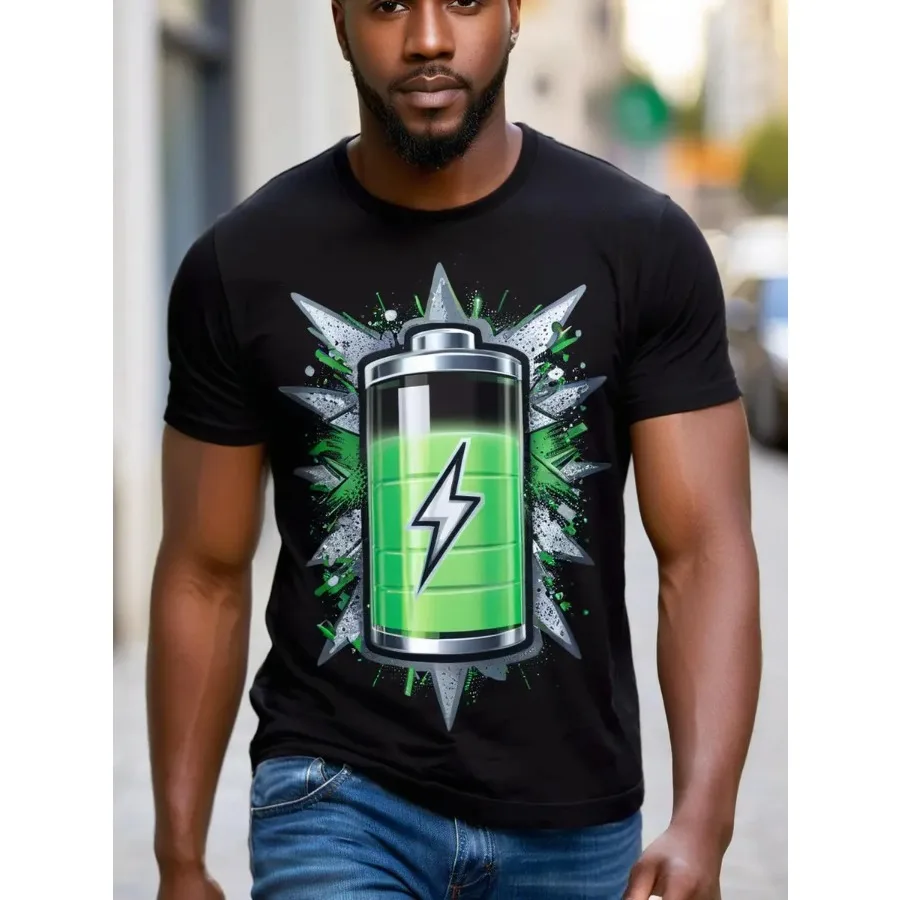 【New Model】This is a black crew-neck T-shirt with a distinctive battery pattern. Suitable for both men and women