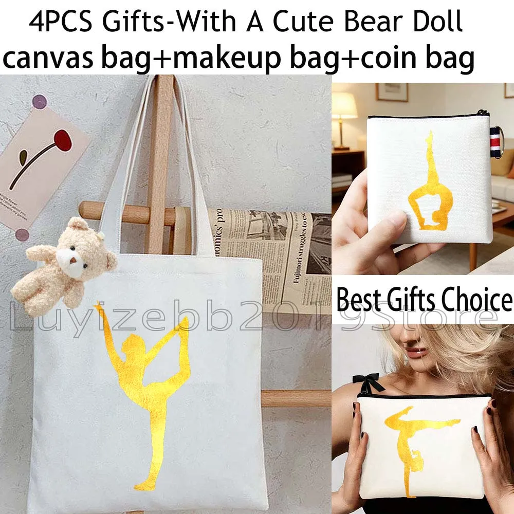 4PCS Gifts White Gold Gymnastics Girl Gymnast Yoga Shopper Canvas Tote Bags Handbag,Cosmetic Makeup Bag,Coin Purse Wallet Pouch