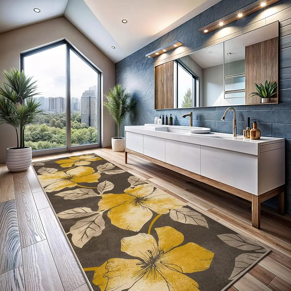

Solana Modern Floral 2' X 7' Area Rugs Non-Skid (Non-Slip) Rubber Backing Yellow - Brown Flowers Indoor Rug (2X7, Yellow Brown)