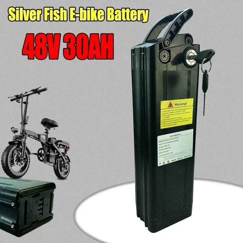 🎊 💯 18650 48V 30AH Lithium ion  Battery Pack for Silver Fish Style Bike Battery with Aluminum Case Anti-theft Lock