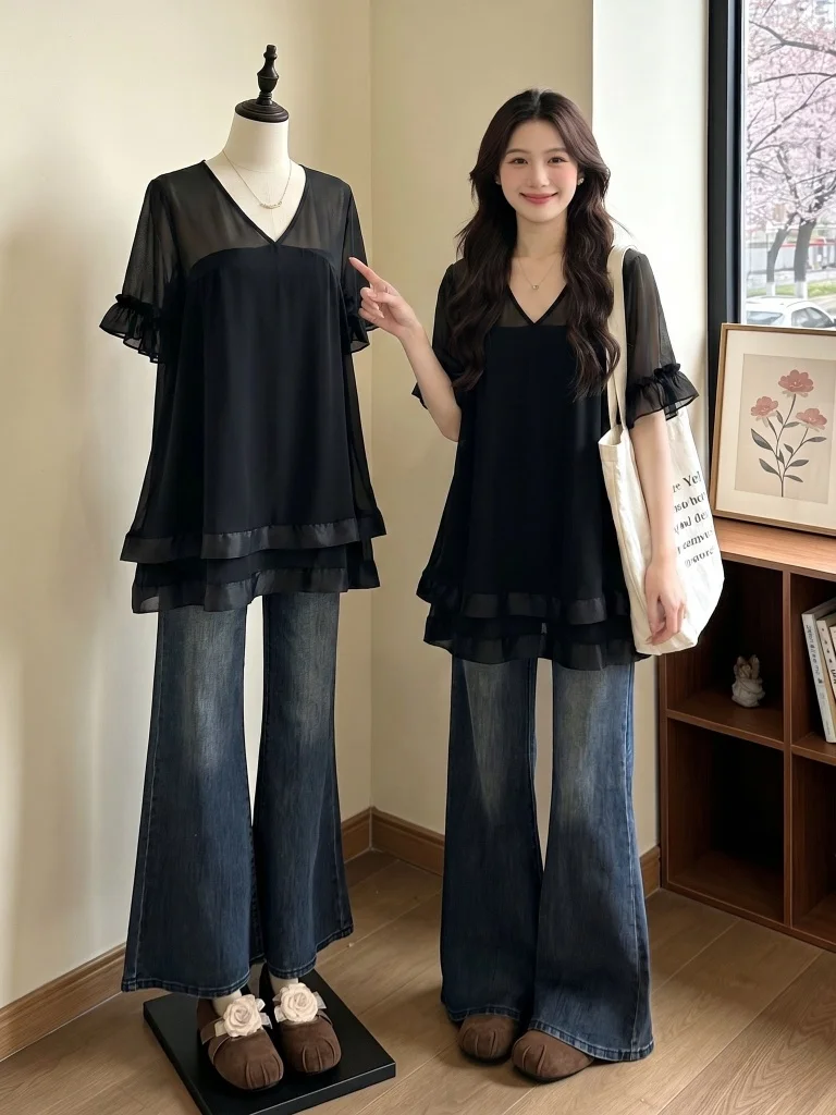 

Elegant Thin Black V-Neck Shoulder-Length Chiffon Top Women's Summer New plus Size Midi Top Korean Style Loose Fit Blouse