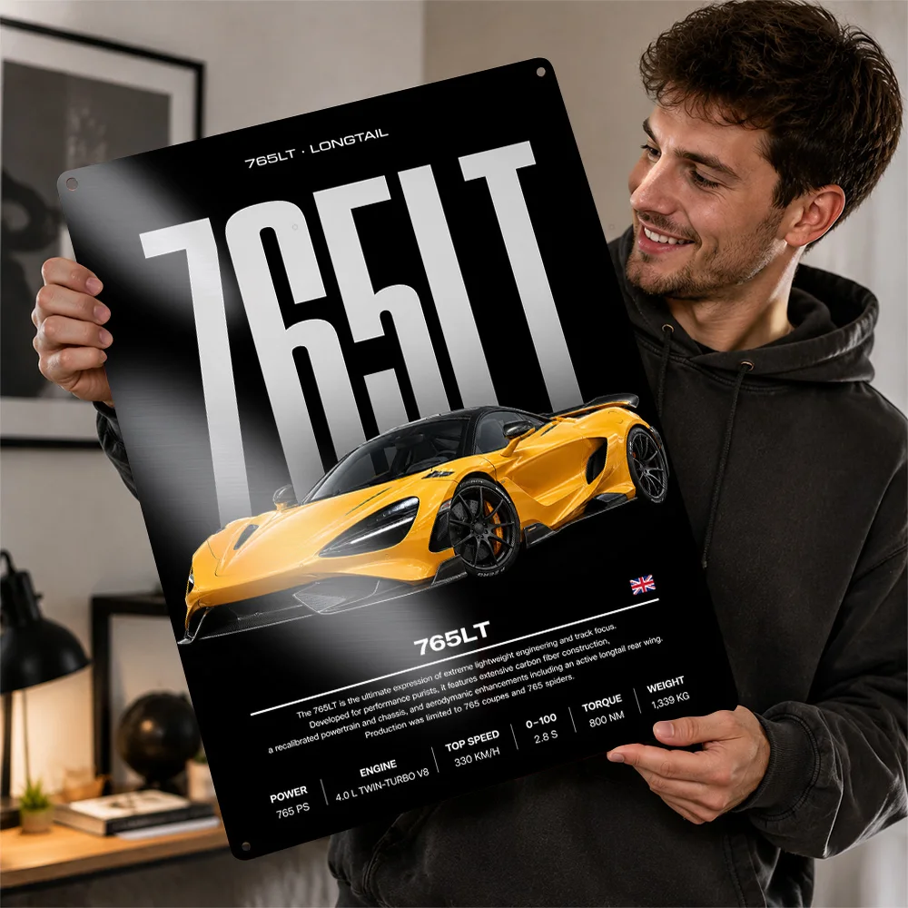 United Kingdom 765LT Papaya Spark Supercar Specification Printed Poster Customized Metal Sign Wall Art For Garage And Man Cave
