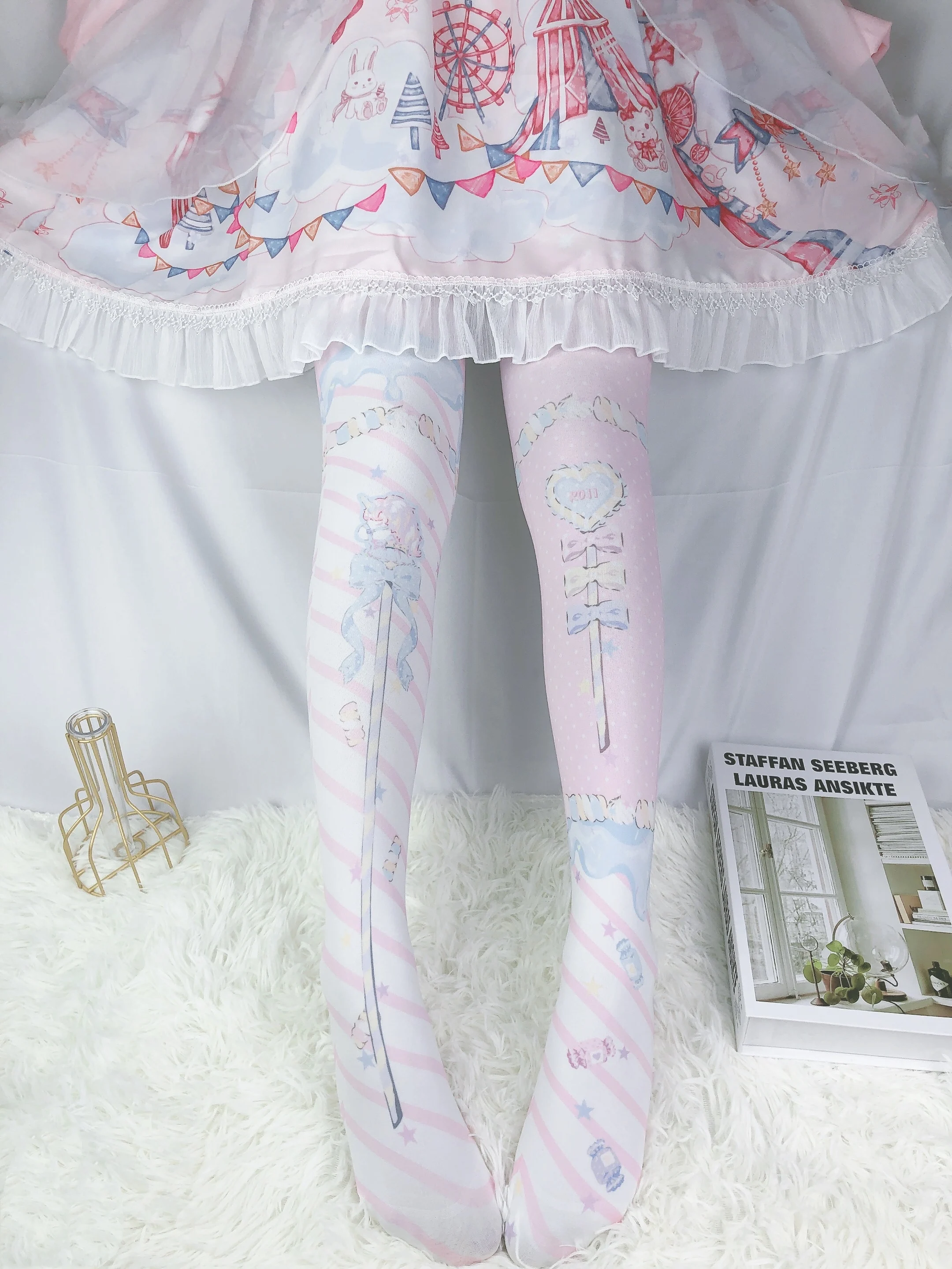 Japanese Princess Lolita Sweet Cartoon Print Socks Cute Loli Velvet Pantyhose Summer Thin High Knee Socks Sweetheart Girl