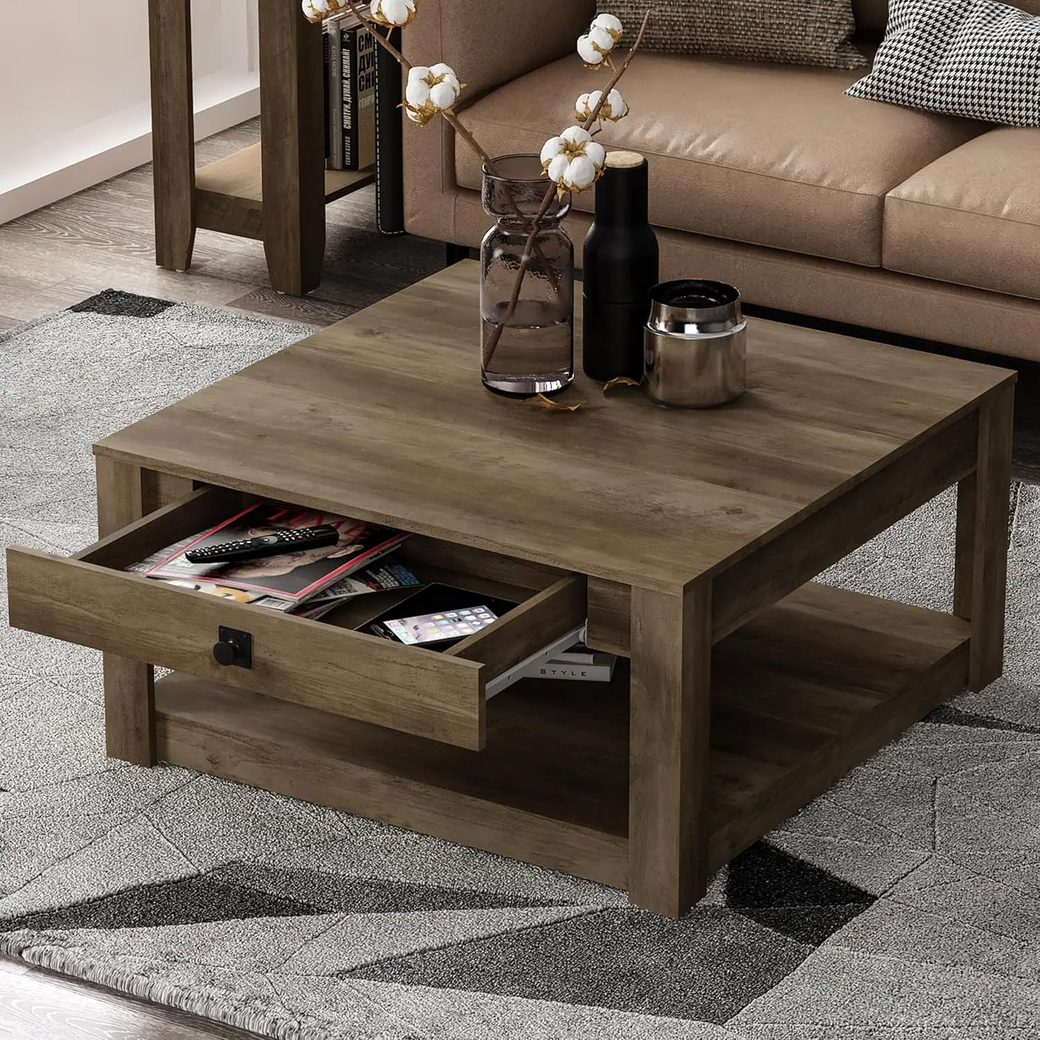 

Coffee Table, Modern Top Rectangular Coffee Table with Storage Drawer, 2 Tier Center Table for Living Room, Office,Knotty Oak