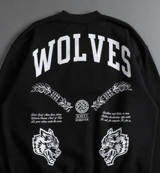 WOLVES Print Autumn Winter Fleece Men Round Neck Hoodie Pullover Loose Harajuku Tide Oversized Long Sleeve Hoodies Tops