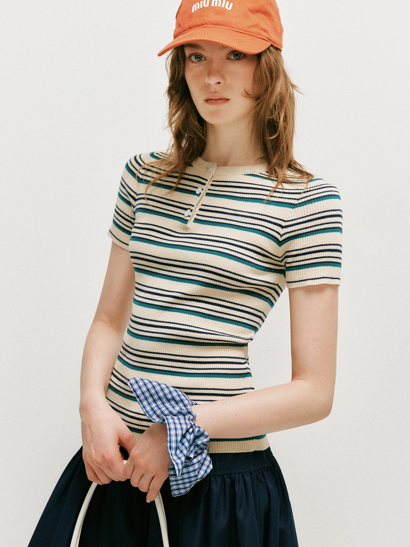 

Comfortable Slim Fit Long Velvet Cotton Knitted Shirt Henry Collar Short Sleeve Striped Top Women Casual Style Soft Cotton Kn...
