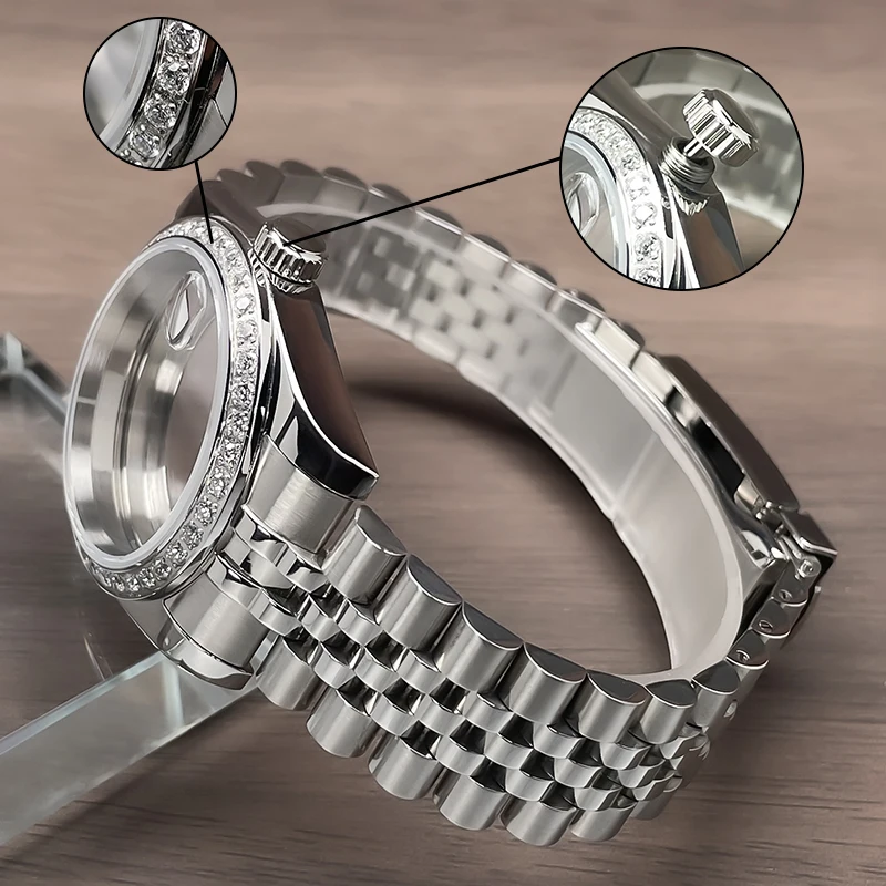 ตัวเรือนนาฬิกาขนาด 36 มม./39 มม. ขอบเพชร รุ่น DJ Jubile หรือ President สายแบบสายข้อมือ กระจกแซฟไฟร์ สำหรับดัดแปลงใส่เครื่อง NH35/NH36