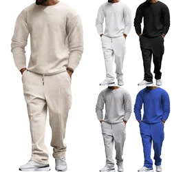 T-shirt et pantalon à manches longues et col rond pour hommes, costume de sport décontracté, printemps et automne, 2 pièces