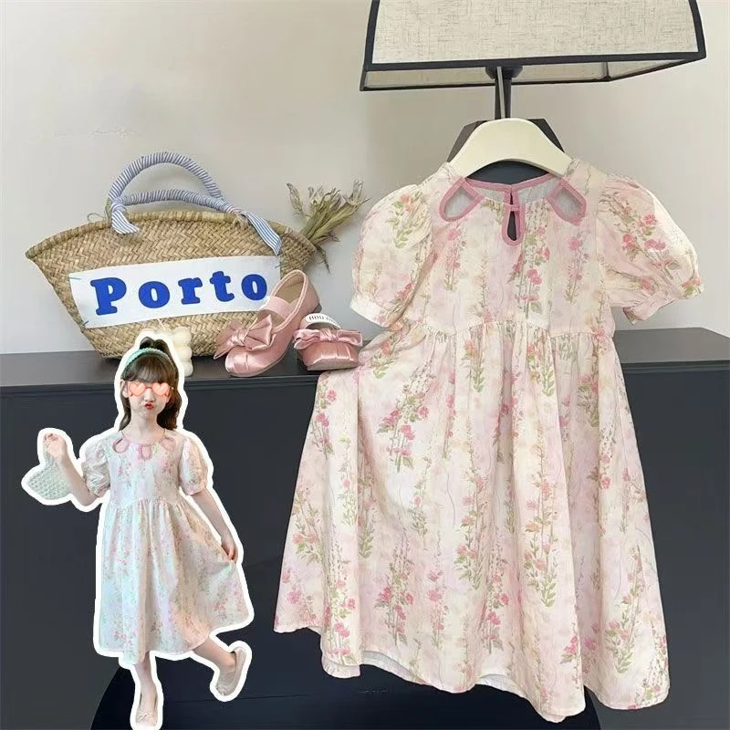 

2024 New Children's French Bubble Sleeves Fragmented Flower Dress Girl's Summer Hollow Out Mid length Dress