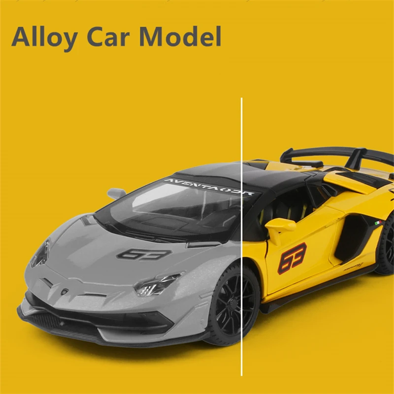 1/24 Aventador SVJ 63 Alloy Racing Car Model Diecasts Metal Toy Vehicles Car Model Sound and Light Simulation Childrens Toy Gift