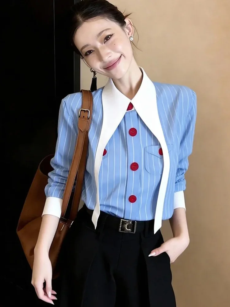 Chic Blue Striped Shirt Women Long Sleeve Slim Elegant Design Blouse Korean Fashion Spring Sweet Office Lady All Match Ins Tops
