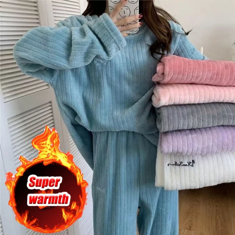 Women Coral Fleece Pajama Set Winter Warm Round Neck Simple Embroidery Home Sleepwear Cozy Loungewear Outfit Nightwear
