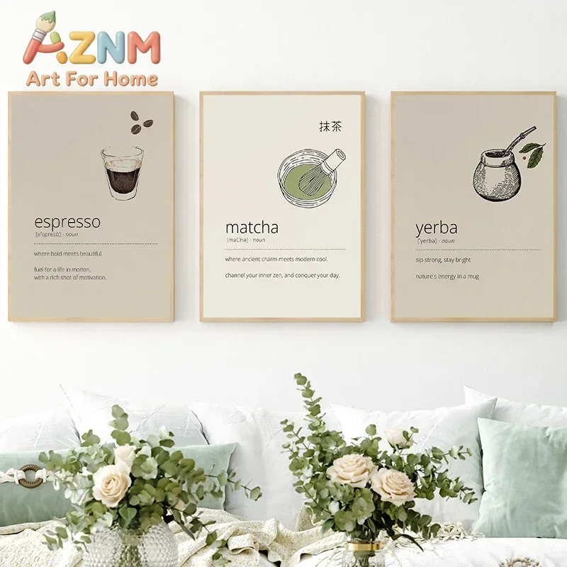Espresso Matcha Latte Yerba Mate Drink Posters and Prints Canvas Printing Modern Wall Art Picture for Cafe Kitchen Decor Gifts