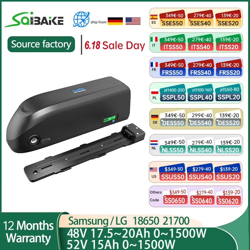 

Аккумулятор для электровелосипеда 18650 21700 48 В 20 Ач 19,2 Ач 17,5 Ач 52 В 15 Ач Аккумулятор для электровелосипеда для двигателя 250 Вт 350 Вт 500 Вт 750 Вт 1000 Вт 1500 Вт
