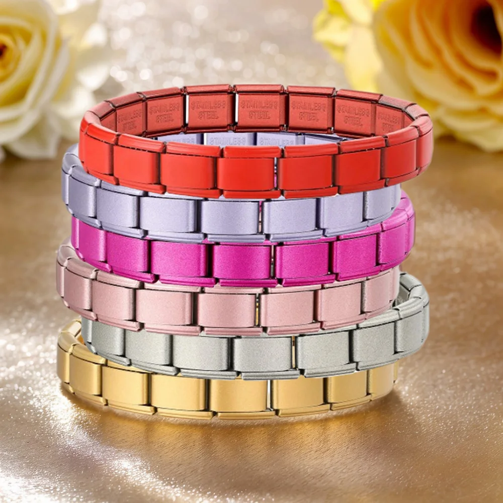 New Design Colorful Width 9mm Elastic Italian Charm Link Chain Stainless Steel Bracelet Bangle on Hand Jewelry DIY Making