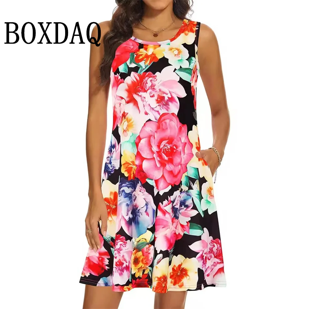 Fashion Elegant Floral Print Dress Casual A-Line Tank Women's Summer Retro Sleeveless Chic Dresses Travel Loose Beach Sundresses