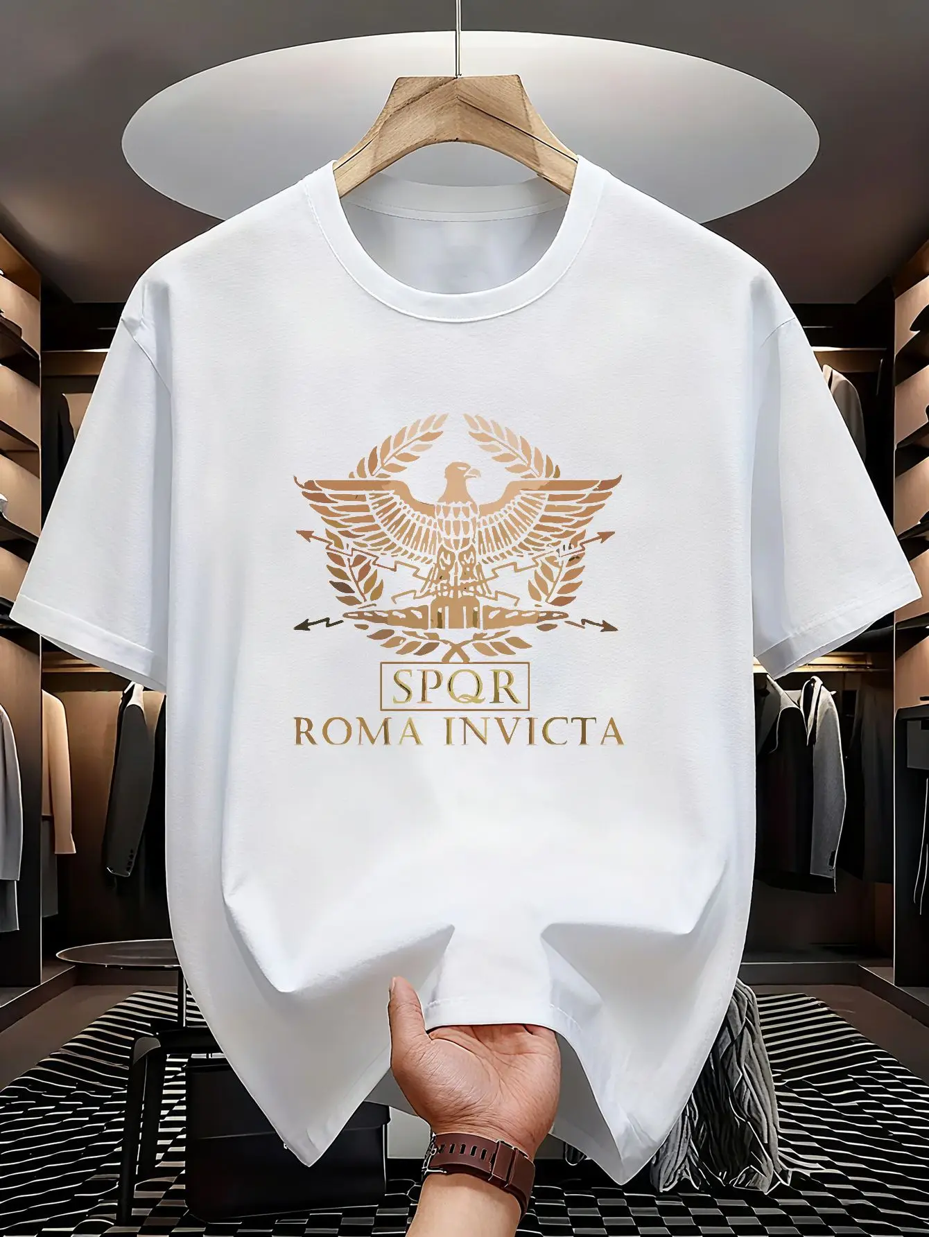 Eagle SPQR Roma Invicta Tee | Golden SPQR Letters ROMA INVICTA Classic Roman Design | Black Casual Top Symbolizes Authority Stre