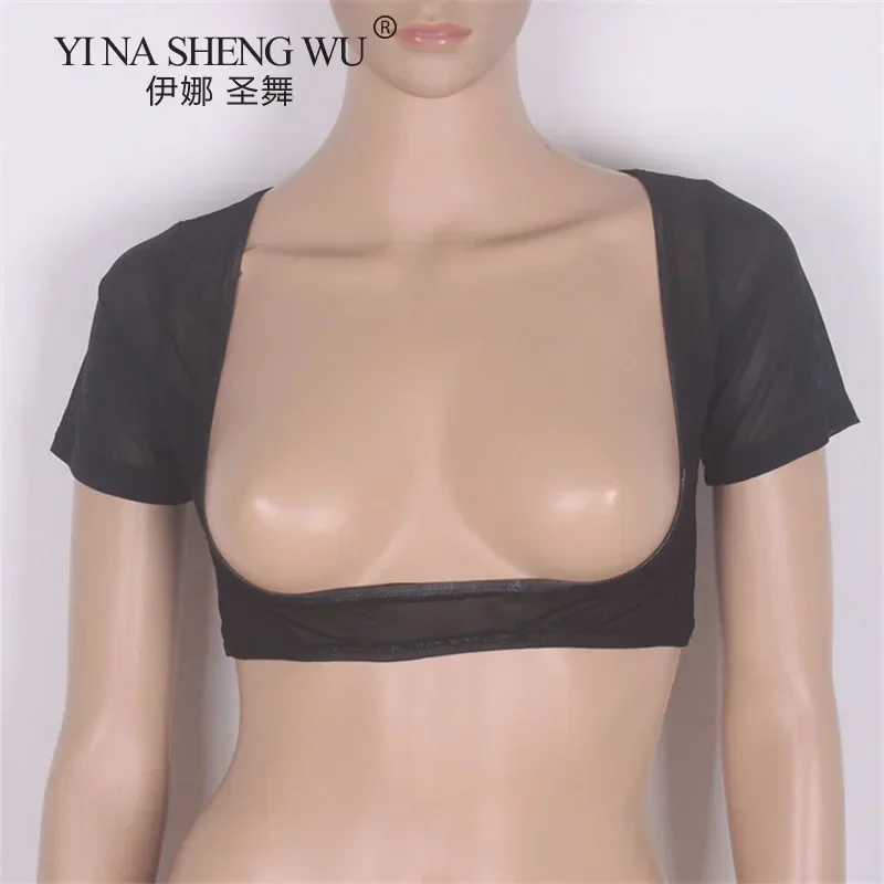 Dancing Crop Top Solid Color Professional Performance BellyDance Sexy Bodysuit Underwear Belly Dance Mesh Open Bust Short Sleeve
