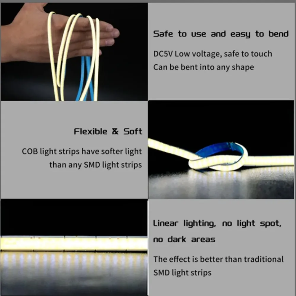 5MM DC 5V/12V USB LED COB şerit sıcak beyaz mavi LED şerit işık TV arka plan aydınlatması bant ev dekor lambası 5m LED dize işık