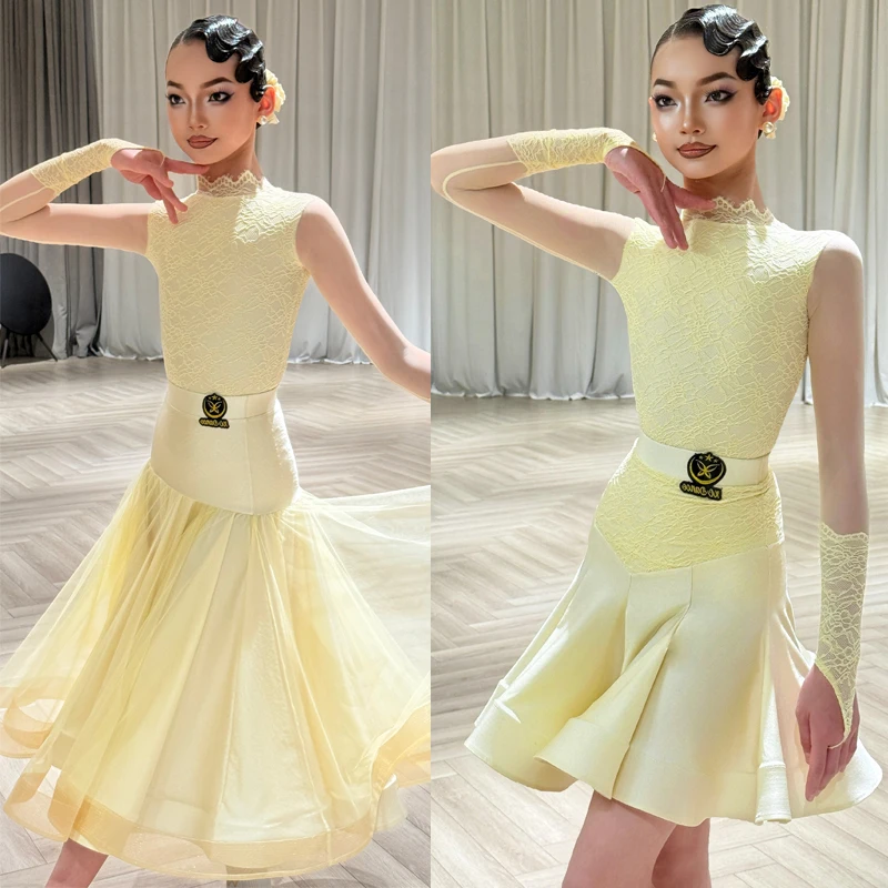 High End Ballroom Dance Professional Dresses Girls Mesh Sleeves Latin Dance Dress Kids Performance Dance Costumes SL15489