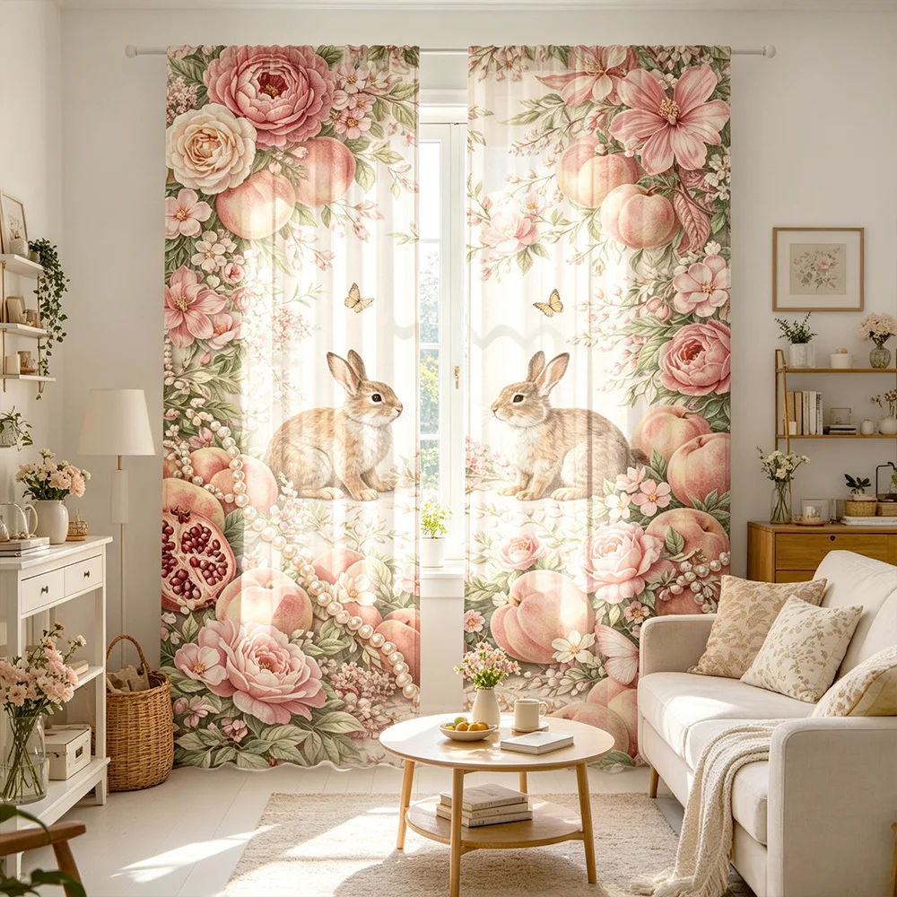 2PCS Cute Rabbit Print Curtains, Cartoon Bunny Animal Pattern, Window Drapes for Kids Bedroom Nursery Living Room Home Decor