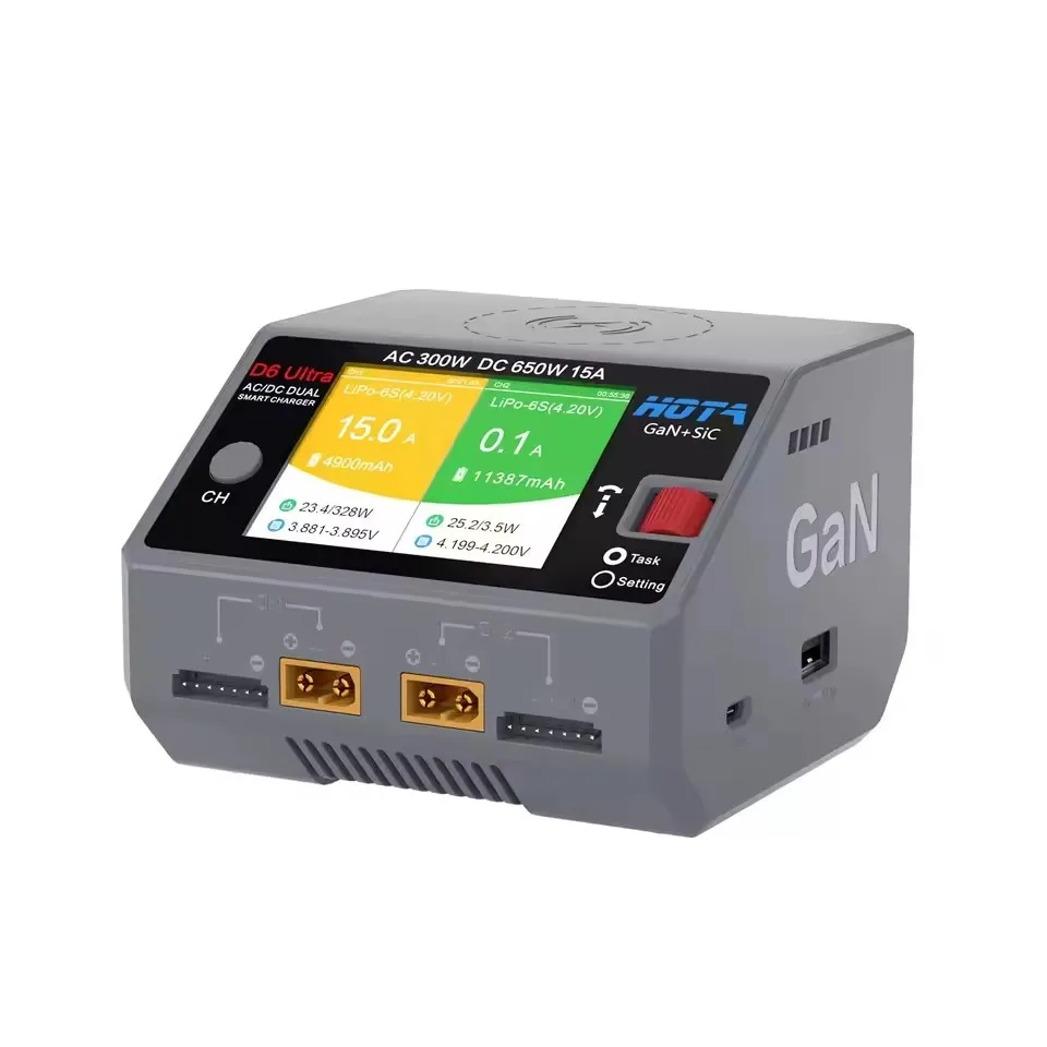 HOTA D6 Ultra AC 300W GaN+SiC DC 650W ‌Dual Channel Charger FPV Charging For 1-6S Lipo LiHV/NiZn/Nicd/NiMH Battery Drones XT60