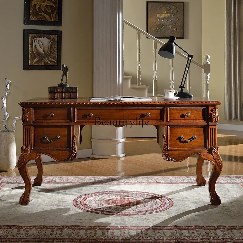 

yj9 American-Style Solid Wood Office Carved Desk European-Style Home Writing Desk Antique Study Table