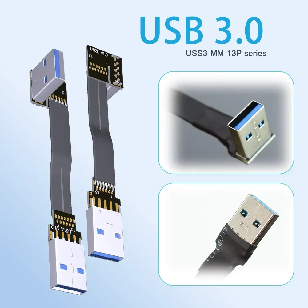 ADT Niestandardowy płaski elastyczny przedłużacz USB 3.0 A męski na męski Kabel USB 3.0 męski typu A Podwójny przedłużacz z 90 zagięciem — zdjęcie produktu 3