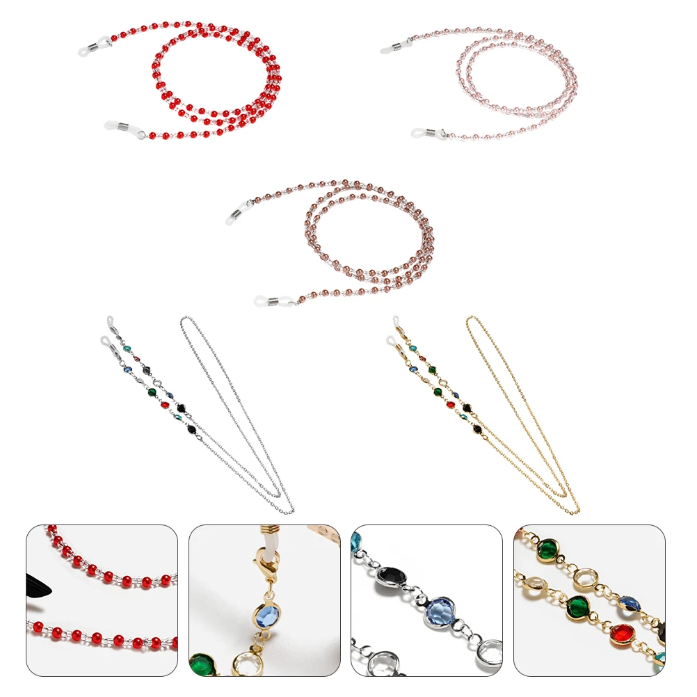 

5pcs Eyeglass Hanging Chains Necklace Holders Alloy Beaded Strap Frame Accessories Women Glasses Cord Lanyard Anti Slip