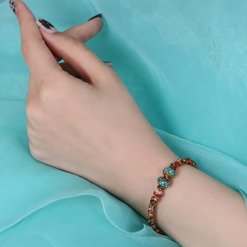 Tibetan-Style Turquoise Copper Single-Thread Pharmacist Bead Hand-Woven Vajra Knot Five-Color Rope Bracelet