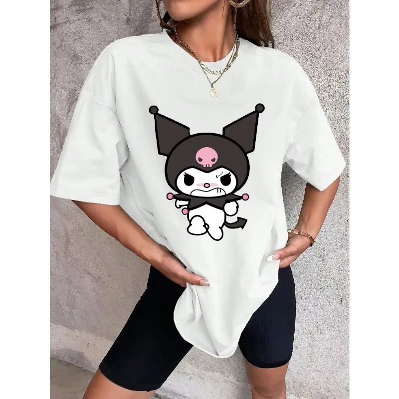 

Kuromi Cartoon Anime Women T-shirt Summer Short Sleeve White 100% Cotton Men Tee Shirts Tops 2025 New Fashion Couple Clothes