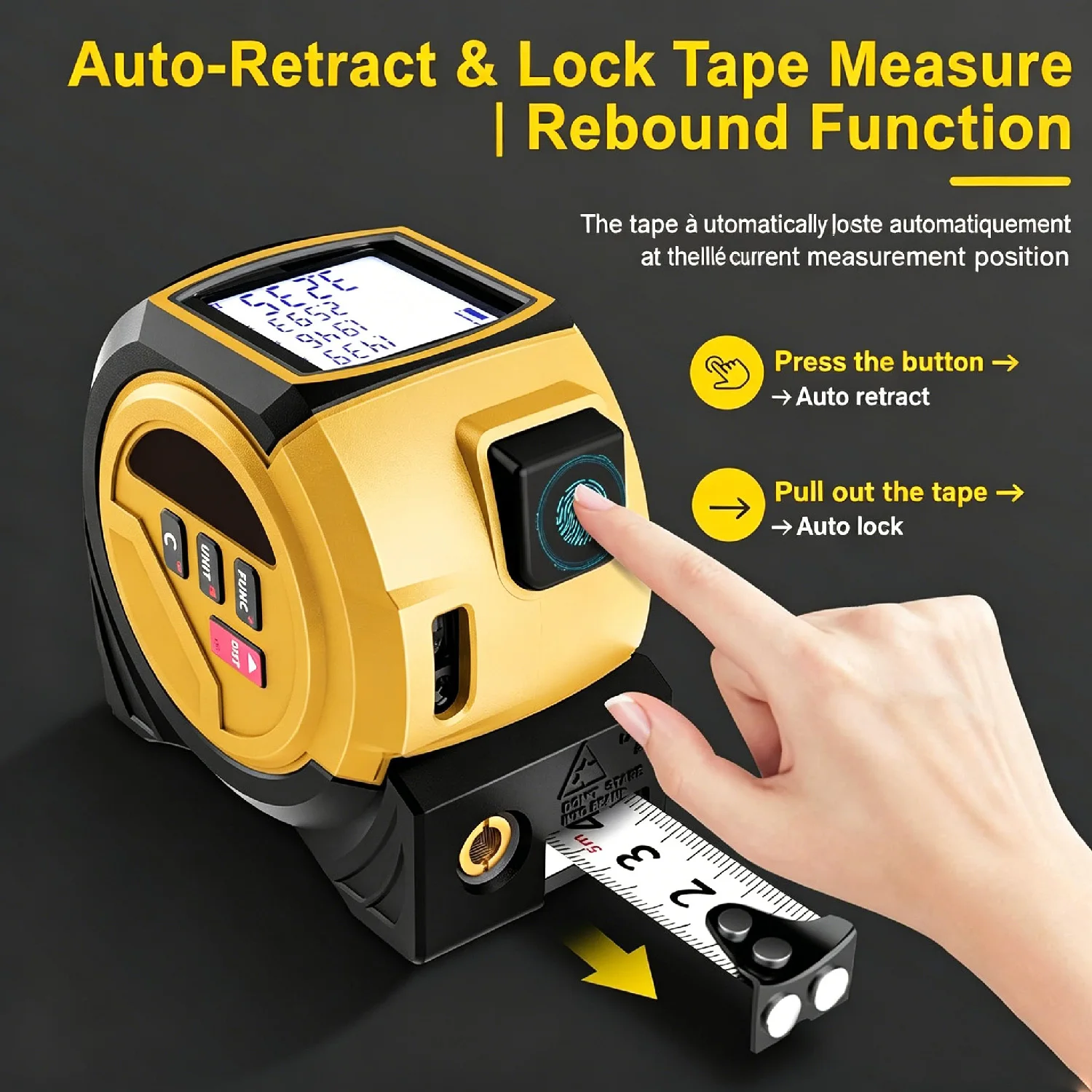 3-in-1 Laser Tape Measure, 40m Laser Rangefinder + 5m Tape, Multi-Mode M/in/Ft, for Pythagorean, Distance, Area & Volume view 3
