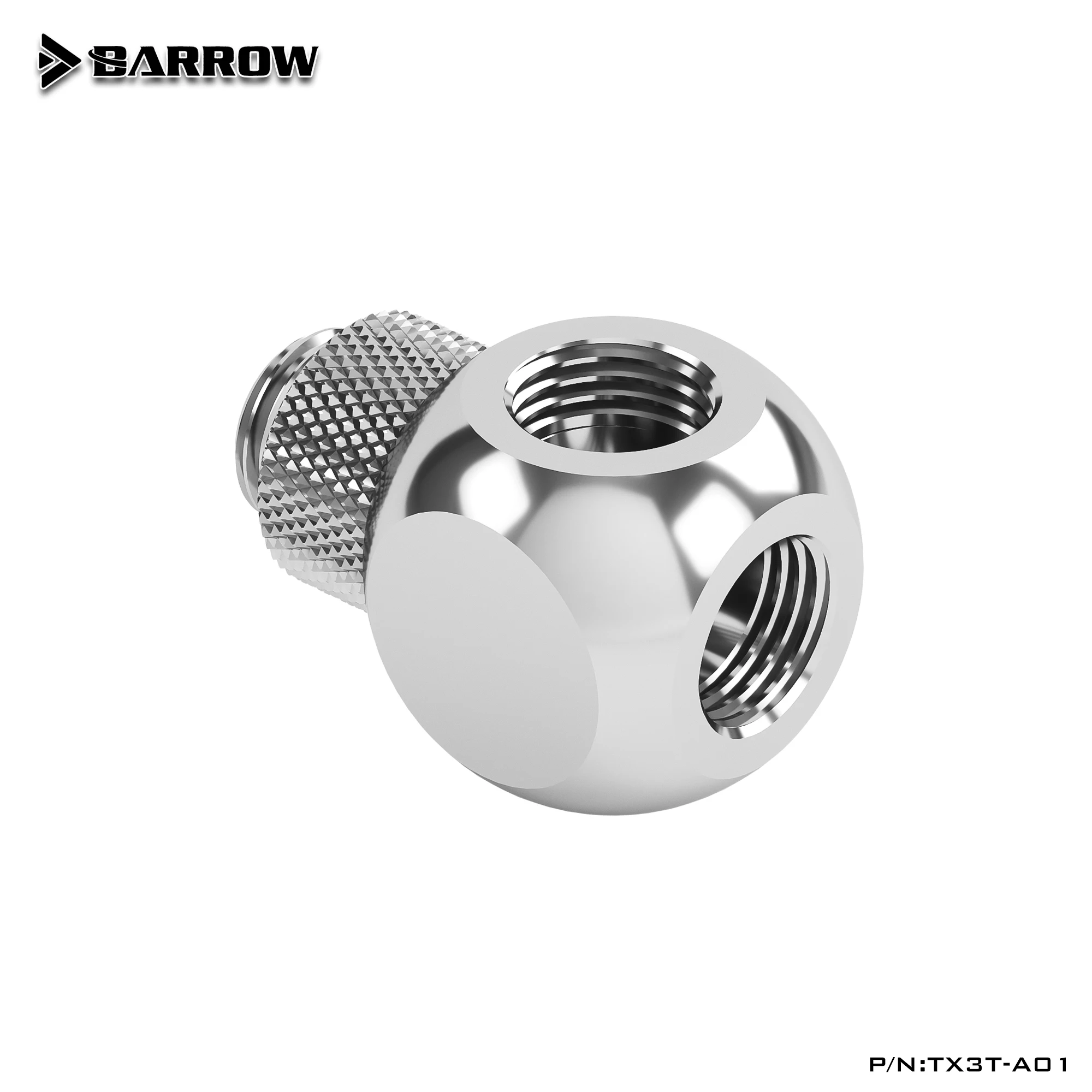 Złączka obrotowa BARROW G1/4" 3-drożna 360°, rozdzielacz cieczy do chłodzenia wodnego komputera, czarna/błyszcząca srebrna/biała, TX3T-A01 — zdjęcie produktu 5