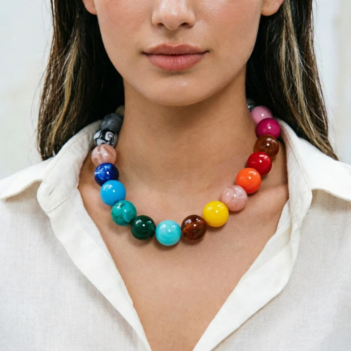 Modische bunte Acryl-Halskette mit großen runden Perlen für Damen und Herren, böhmische blaue braune Harzperlen, Choker, Y2K-Ästhetik-Schmuck – Detail 13