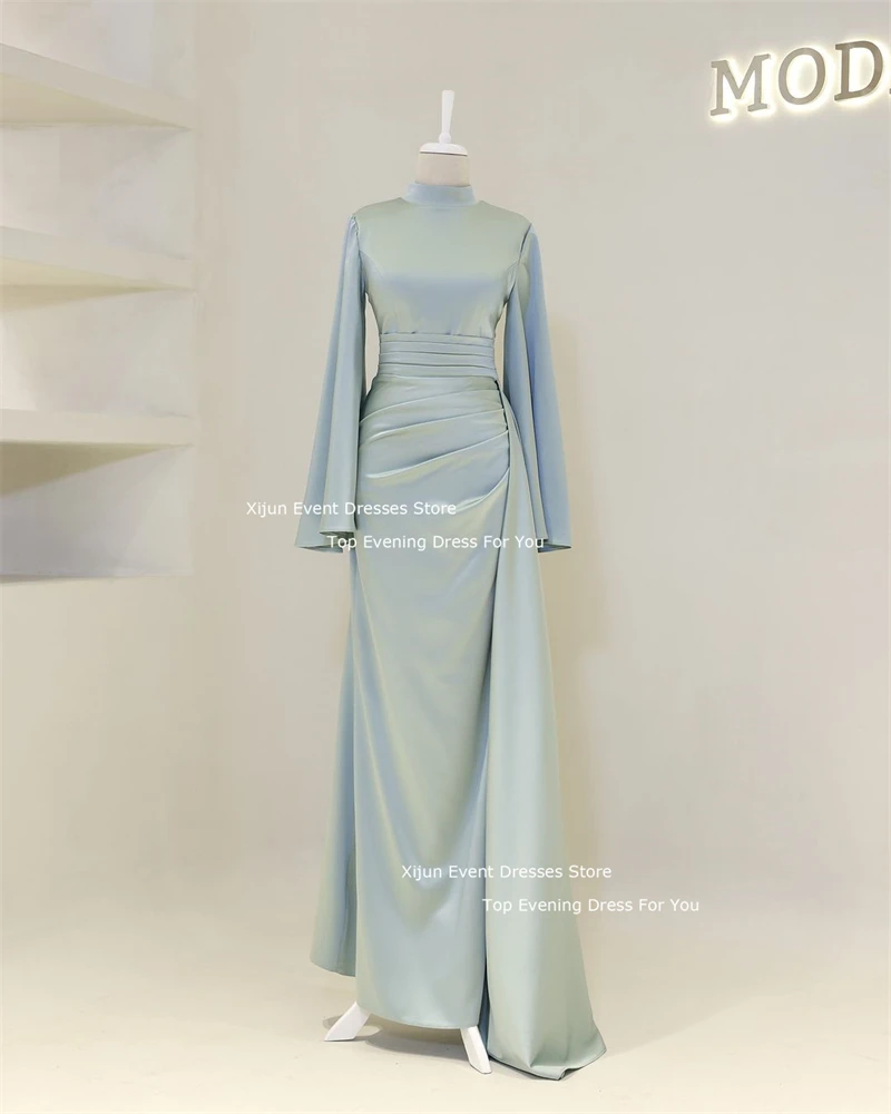 Xijun Modest Elegant Evening Dresses Muslim Moroccan Kaftan Prom Dresses High Collar Full Sleeves A-Line Prom Gowns Dubai Women